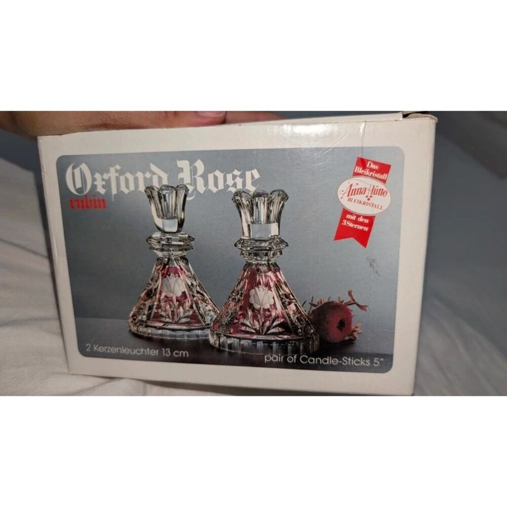 Pair (2) Anna Hutte Bleikristall Ruby Clear Cut Crystal Floral Candle holders